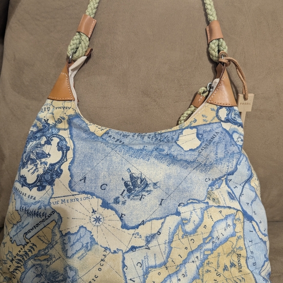Fossil Blue and Cream Map Print Hobo Bag - Picture 2 of 7